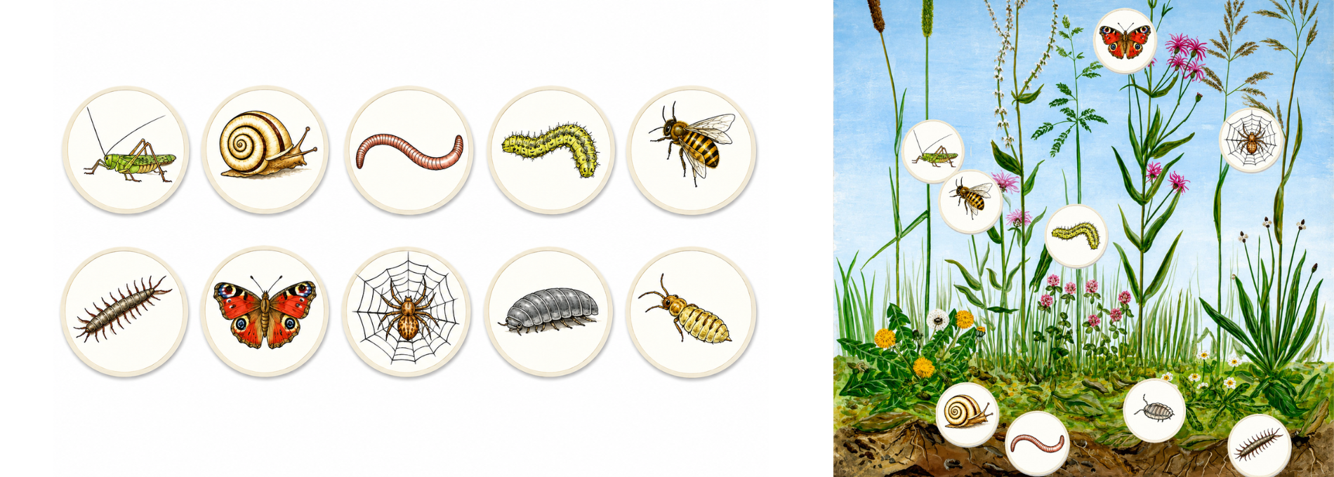Illustrierte Tafel mit Kleintieren wie Schnecke, Käfer und Spinne links sowie Pflanzen und Insekten einer Wiese rechts.