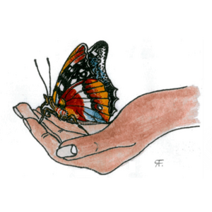 eine Zeichnung mit einem bunten Schmetterling auf einer ausgestreckten Hand